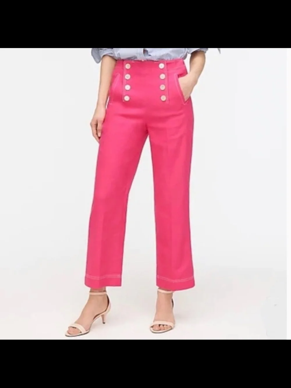 J. Crew Womens Bright Pink Sailor Button Crop Linen Pants!